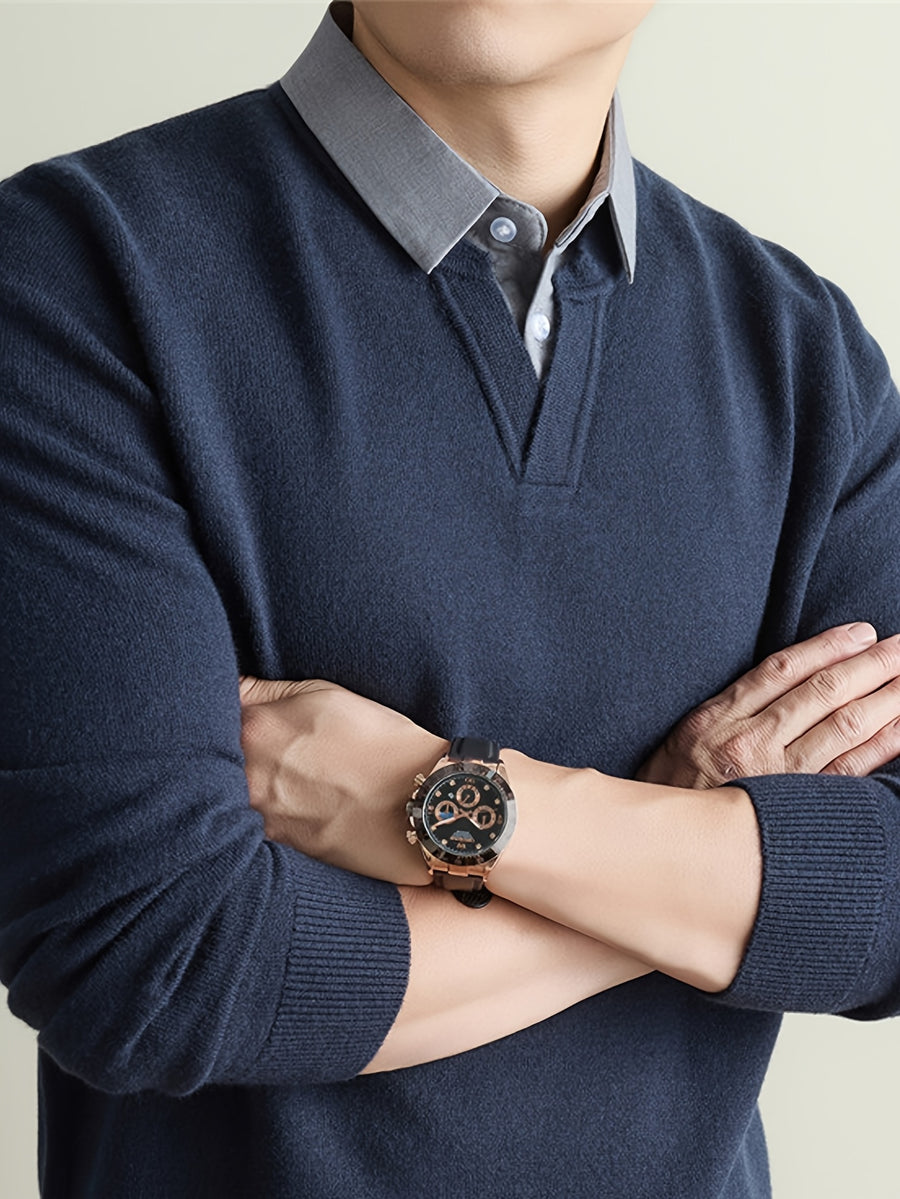 Men'S Thickened Polo Collar Faux Two-Piece Sweater, Autumn Winter Business Commute Sweater, Contrast Shirt Collar Pullover Top - SINBOS, Knit - Ya Shangqing
