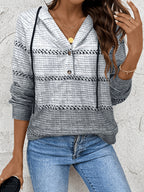 Retro Color-Block Horizontal Stripe Hoodie, Light Gray to Dark Gray Gradient Textured Half-Zip Loose All-Season Long Sleeve Sweatshirt - Grey