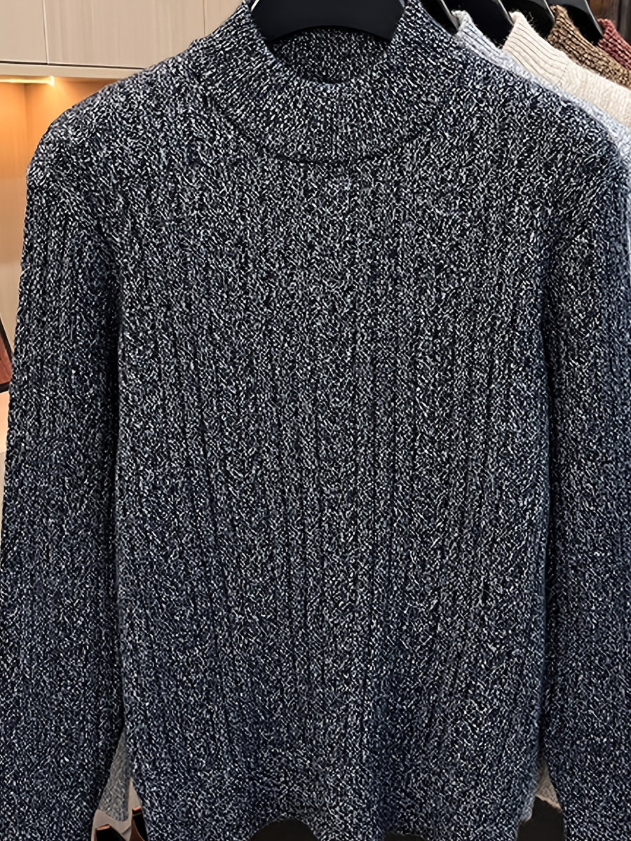 Men'S Semi-High Neck Jacquard Knit Sweater, Yarn Blend Thick Textured Velvet Base Layer, Stable Business Autumn Winter Knit Top - SINBOS - Black