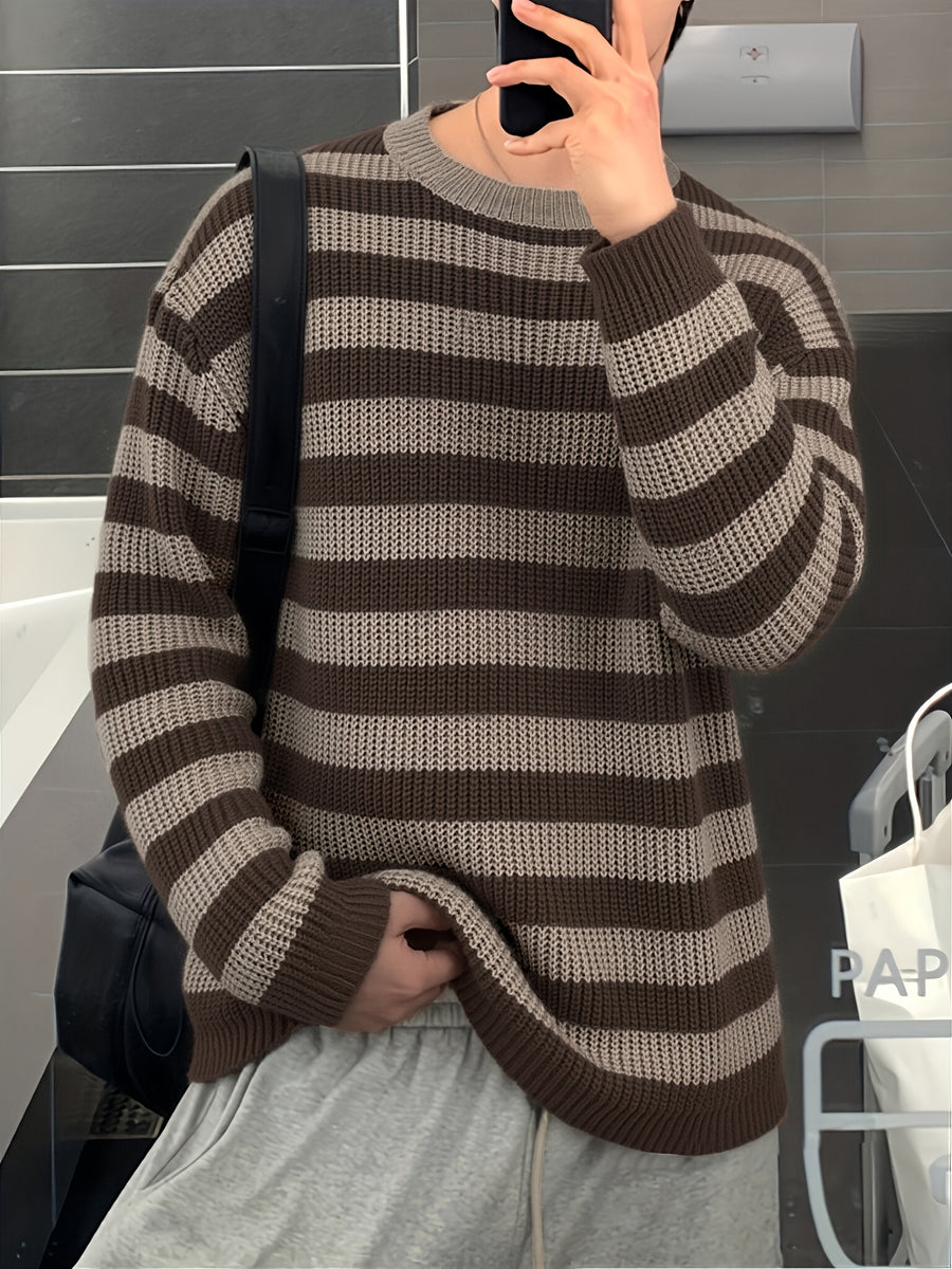 Spring/Autumn New Trendy Fashion Versatile Casual Men'S Knit Pullover Sweater, Easy Lazy Style Striped Aesthetic Casual Round Neck Sweater Long Sleeve, Office School Commute Vacation Street Dance Outfit - Khaki