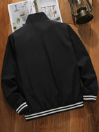Men's Workwear Jacket with Stand Collar & Zipper Front - Zipper Pocket Suitable for Spring/Autumn, Loose Fit Casual Outerwear, Stand Collar Jacket with Ribbed Hem for or Casual Attire (No Stretch, Solid Color) - Black