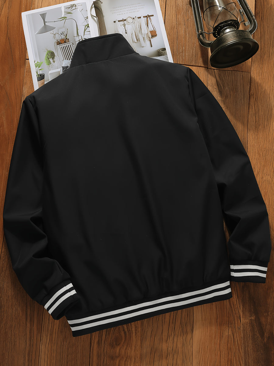 Men's Workwear Jacket with Stand Collar & Zipper Front - Zipper Pocket Suitable for Spring/Autumn, Loose Fit Casual Outerwear, Stand Collar Jacket with Ribbed Hem for or Casual Attire (No Stretch, Solid Color) - Black