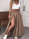 Street Style Women'S Loose Utility Dress, Elegant And Fashionable with a Front Zipper, Side Slit, And Belt - Khaki