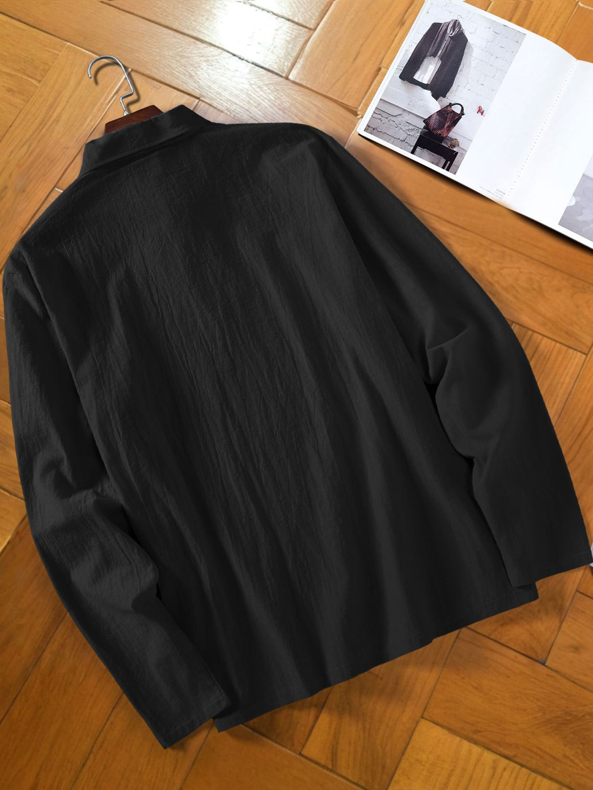 Men's Fashion Long-Sleeve Linen Shirt - Seaside Vacation Casual Top, Button-Up with Half-Open Placket, Lightweight, Loose, and Comfortable, Perfect as a Summer T-Shirt or Gift - Black