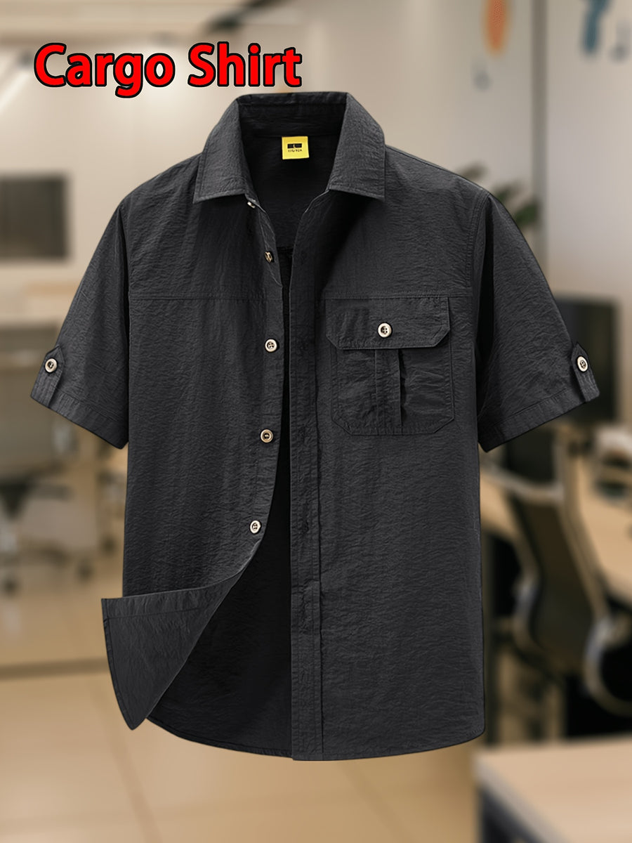 Men'S Vintage Light Utility Short Sleeve Shirt, Classic Lapel Metal Buttons, Skin-Friendly Breathable Fabric for Fresh Comfort, Casual Commute Streetwear Outdoor Leisure Versatile Single Layer Basic Top - Black