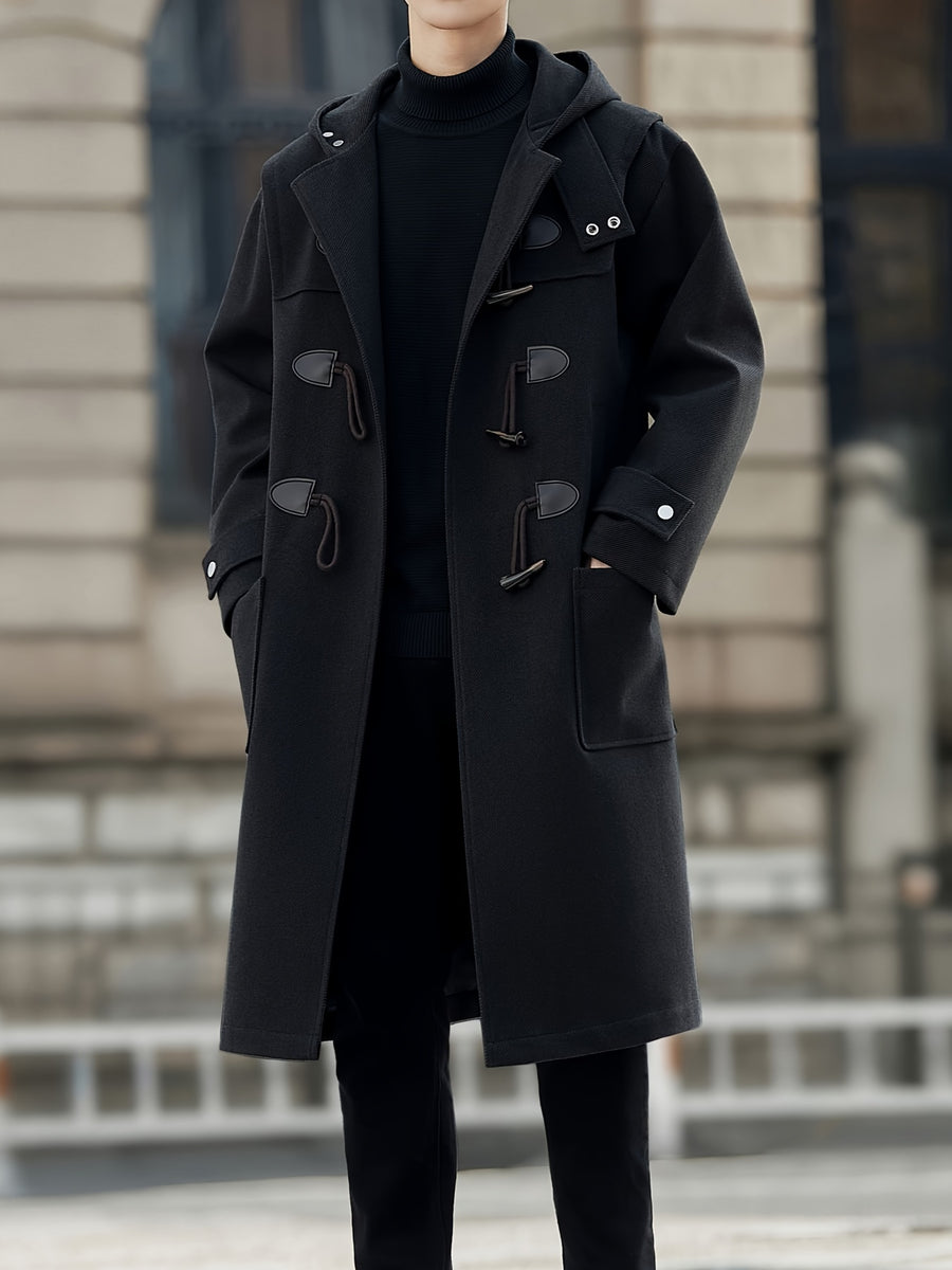 New Autumn Winter Men'S Mid-Length Horn-Button Trench Coat Men'S Solid Color Blend Hooded Overcoat - Black