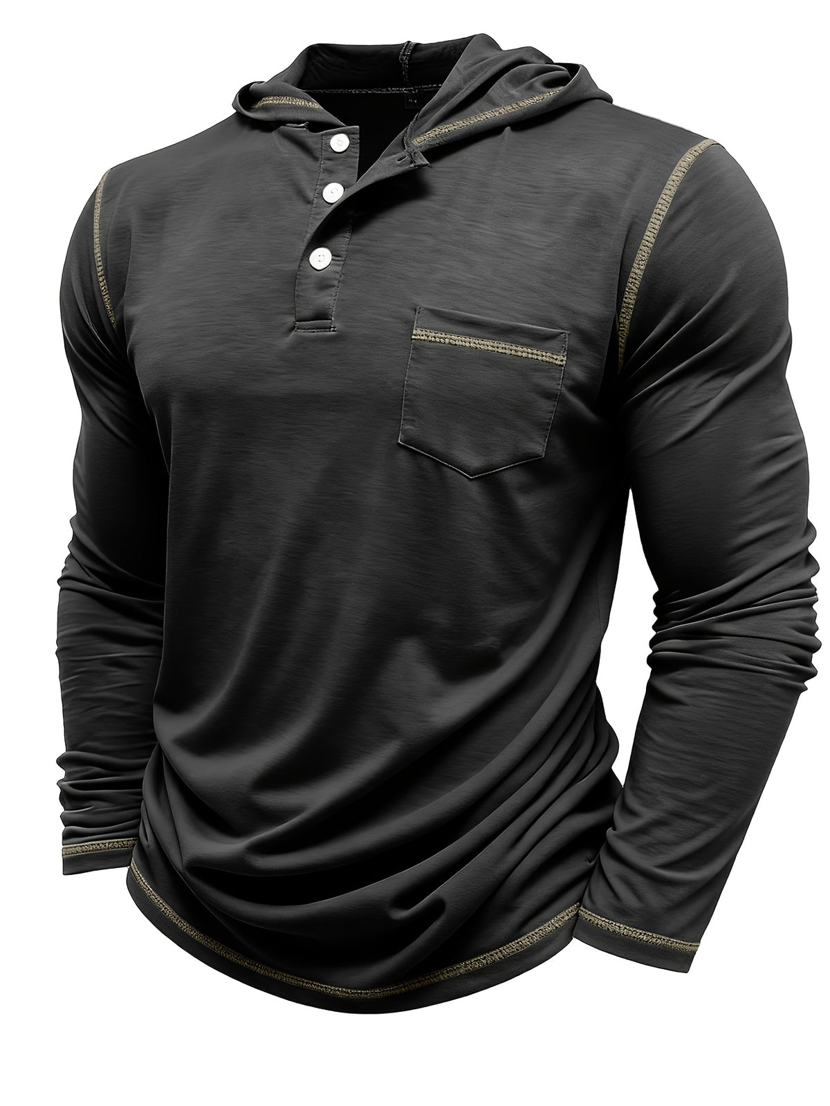 Autumn Men's Hooded Long Sleeved T-shirt Men's Henry Shirt Sunscreen and Shading Keep Warm and Cool Essential for Autumn and Winter 2pcs Set for - black with khaki