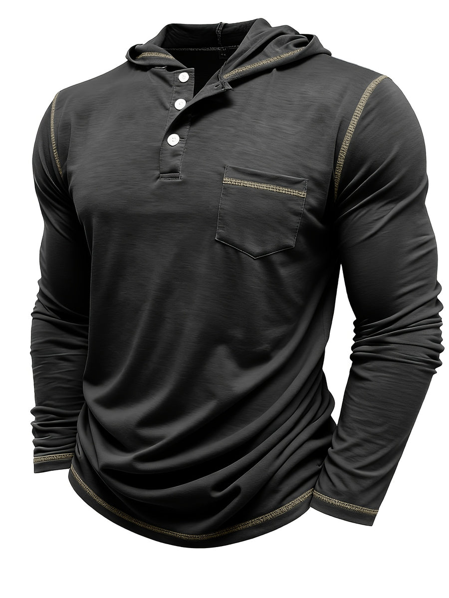 Autumn Men's Hooded Long Sleeved T-shirt Men's Henry Shirt Sunscreen and Shading Keep Warm and Cool Essential for Autumn and Winter 2pcs Set for - black with khaki