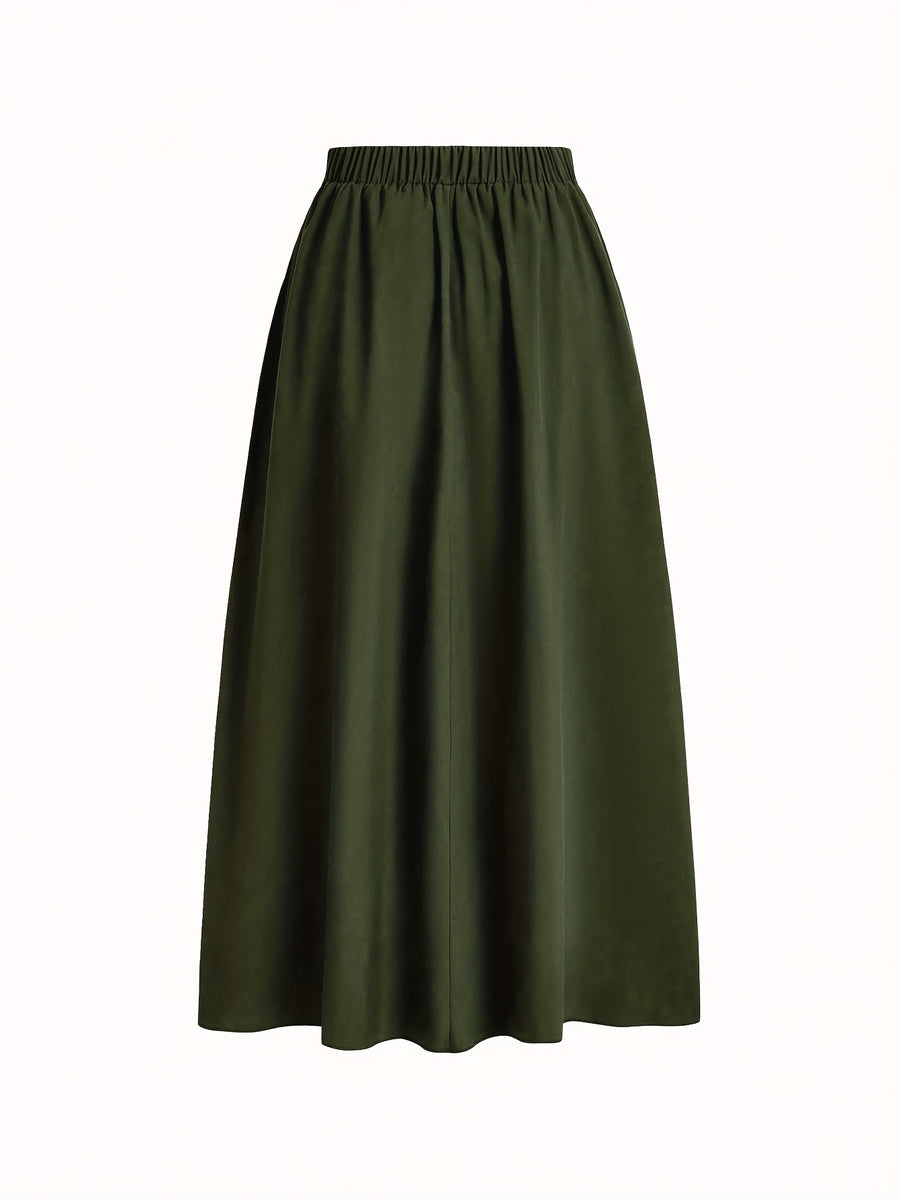 Women'S Solid Color Long Skirt | Casual High-Waist A-Line Skirt with Flowy Design for All Seasons - olive drab