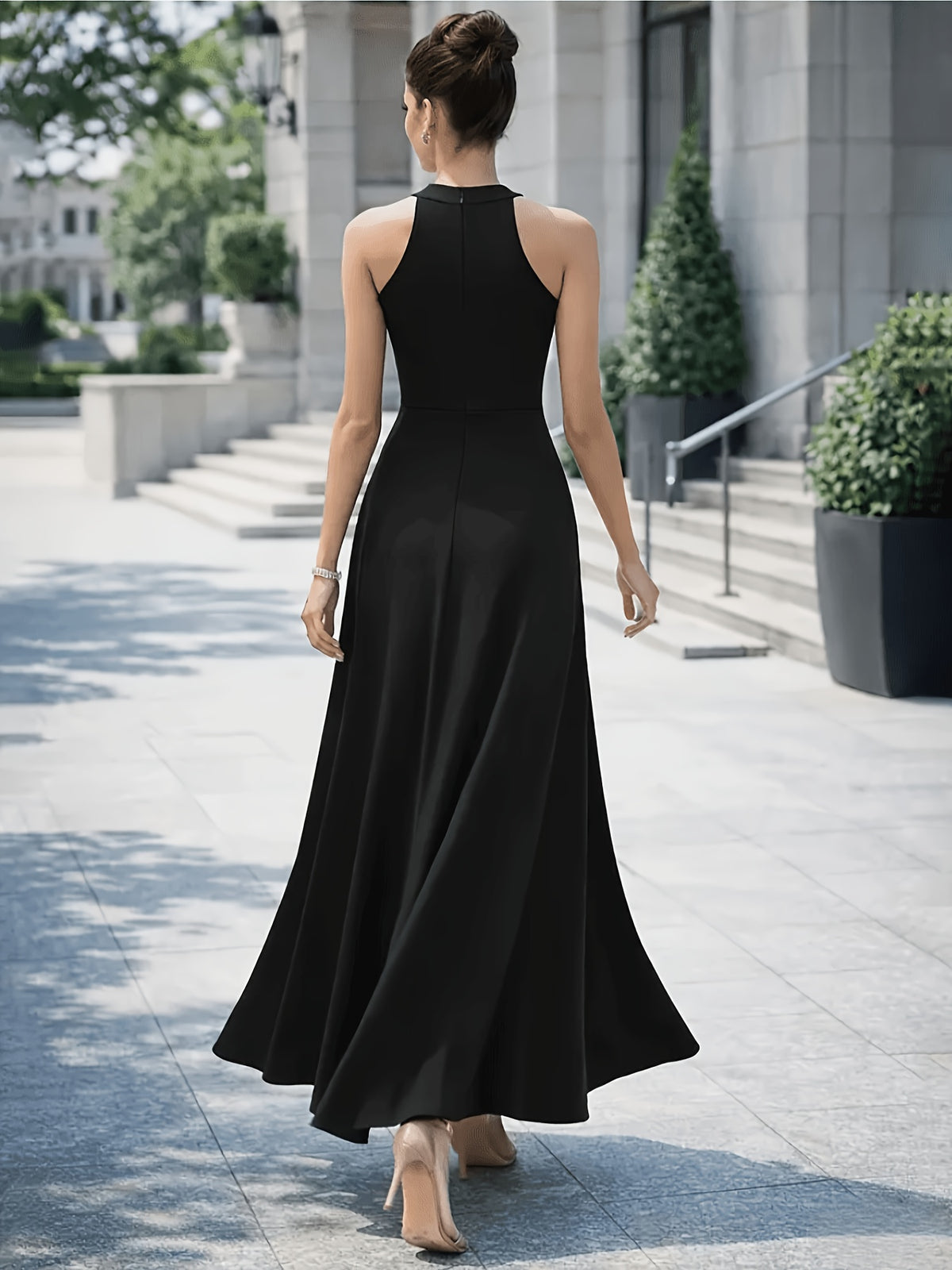 2026 New Women's Elegant Socialite Style Halter Neck High Slit Sleeveless A-Line Evening Gown, Wedding Bridesmaid Banquet Party Long Dress - Black
