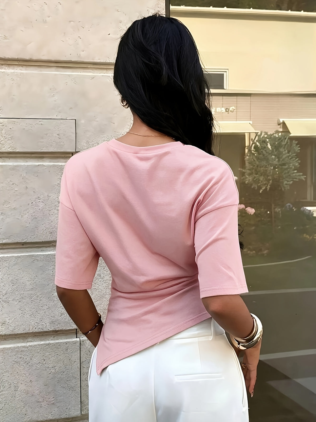 Women'S Casual Summer T-Shirt, Round Neck Mid-Waist Irregular Hem Versatile Commuter Style Women'S Top, Round Neck Short Sleeve Design, Waist Ruched Irregular Hem, Waist-Cinching Fit, Easy Commuter Style, Waist-Defining Design - Pink