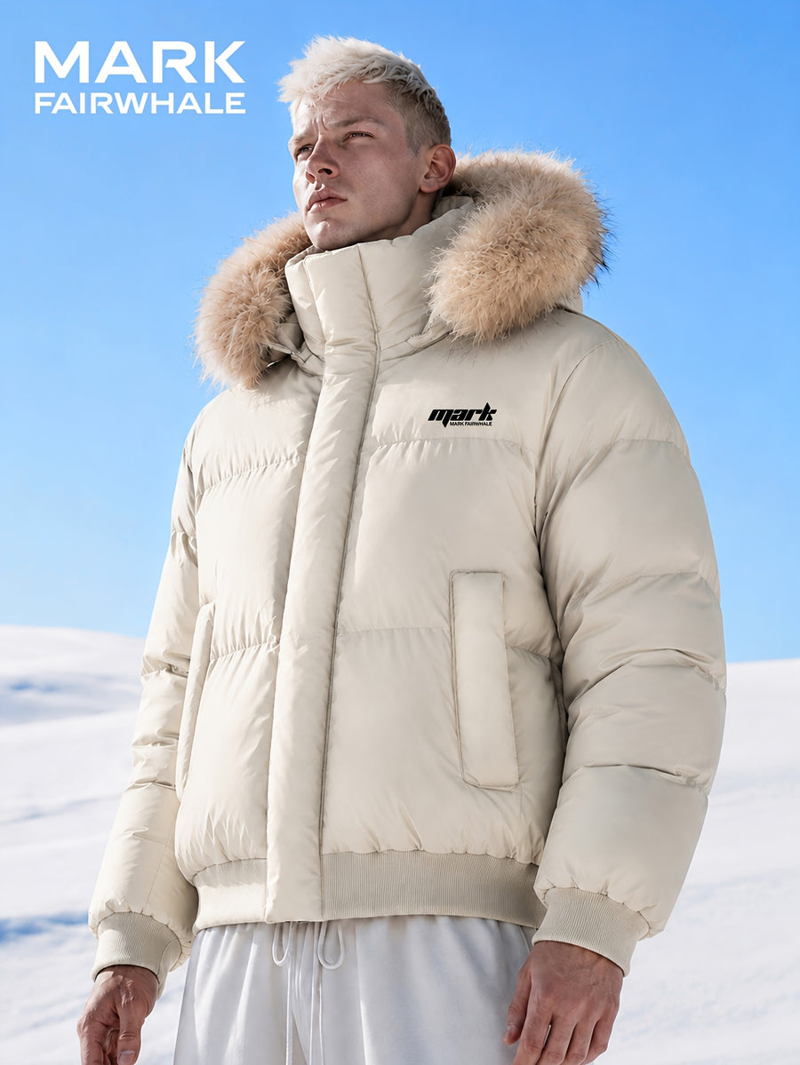 MARK FAIRWHALE Detachable Faux Fur Collar Mock Jacket, Winter Thickened Warm Coat, Small Logo Loose Casual Men'S Outerwear - M Beige