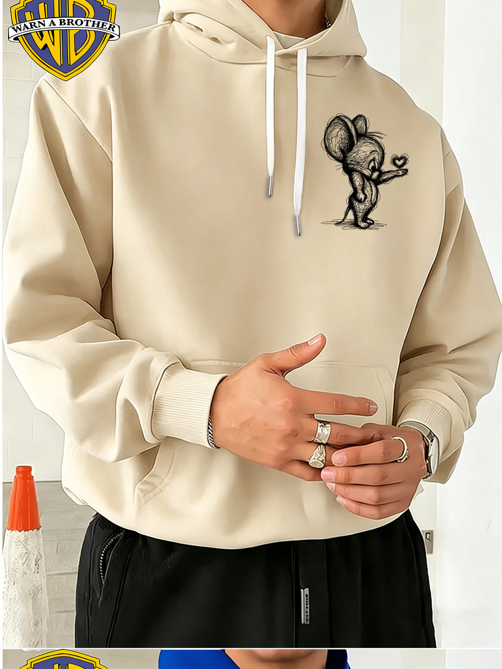 Official Warner Bros., Trendy Cool American Street Style Classic Character Theme Print Hoodie, American Street Style Unisex Long Sleeve Top, Suitable for Daily And Outdoor Activities, Ideal Warm Outerwear Choice for Autumn And Winter! - Apricot