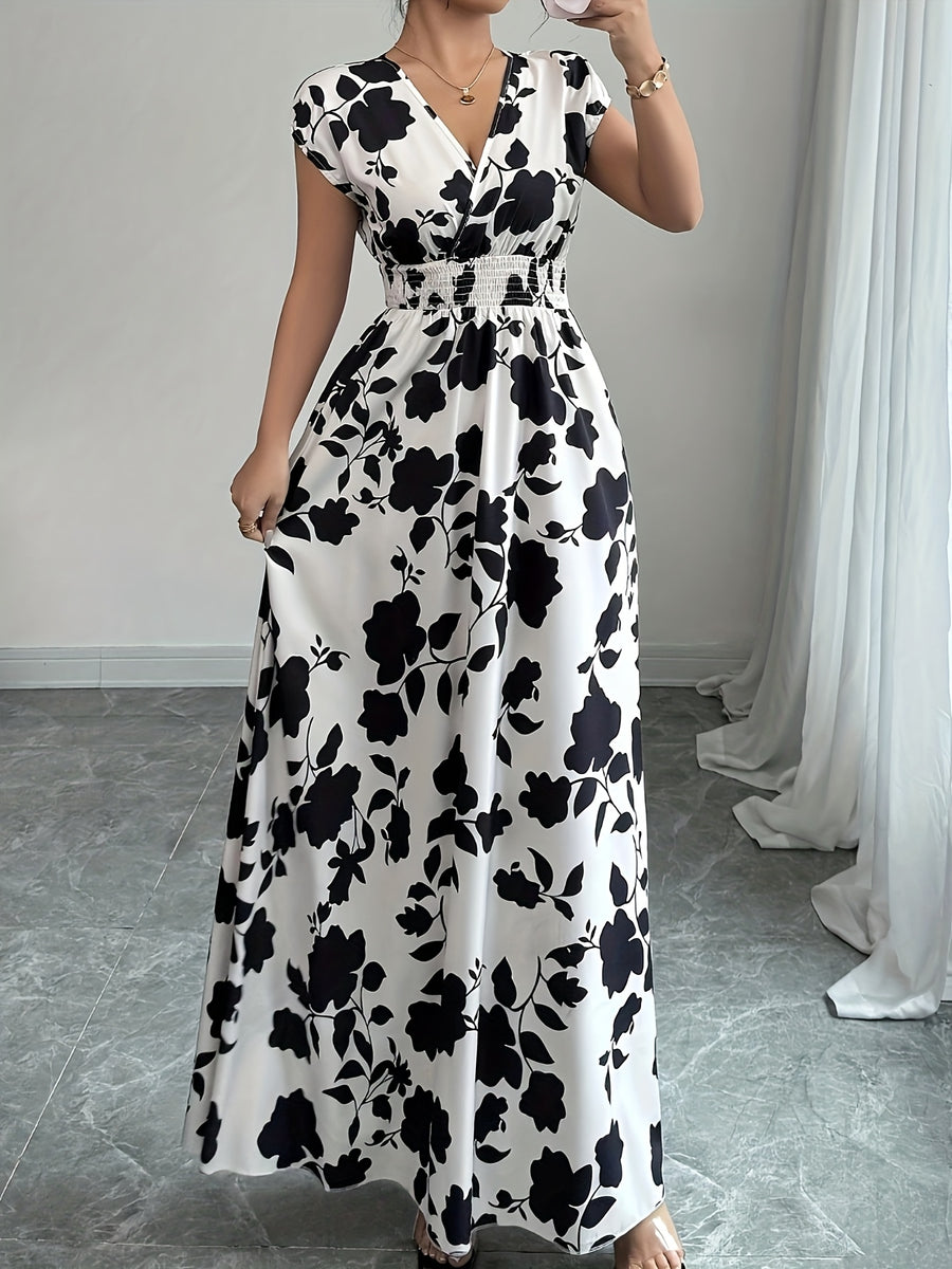 Elegant Pink Floral Maxi Dress with V-Neck and Short Sleeves - Flowing A-Line Silhouette, Cinched Waist, Perfect for Spring/Fall, Casual to Formal Wear, Casual Elegant Wear | Floral Print Dress | Cinched Waist Design - Black and white dress