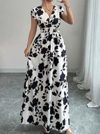 Elegant Pink Floral Maxi Dress with V-Neck and Short Sleeves - Flowing A-Line Silhouette, Cinched Waist, Perfect for Spring/Fall, Casual to Formal Wear, Casual Elegant Wear | Floral Print Dress | Cinched Waist Design - Black and white dress