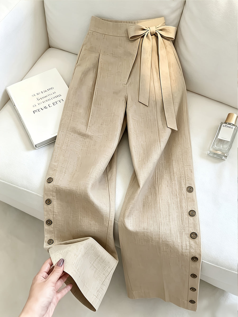 Solid Color Elegant Straight-Leg Wide-Leg Pants with Slit and Button Details. Textured Fabric with a Bow at the Waistband and Side Buttons. Creates a Commuting-appropriate Vibe, Suitable for All Light Casual Outfits in Spring, Summer - Khaki
