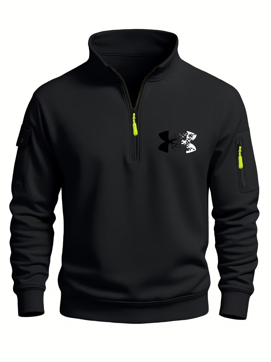 2026 Autumn/Winter New Men's Stand Collar Half-Zip Sweatshirt, Distressed Print, Workwear Style Multi-Pocket Design, Wear-Resistant and Wrinkle-Resistant Fabric, Sleek Cut Without Bulk, Combining Workwear Practicality with Casual Attire Adaptability - Black 1