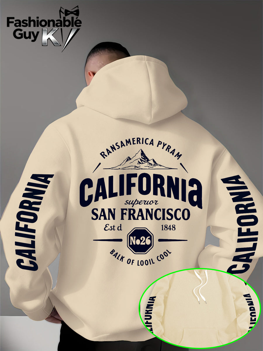 Hooded Sweatshirt with Street Culture Symbols: Featuring a "CALIFORNIA" Print That Embodies the Grandeur of the Wilderness and the Pioneering Spirit, This Sweatshirt Serves as an Exclusive Symbol for Street Culture Enthusiasts to Connect - Apricot