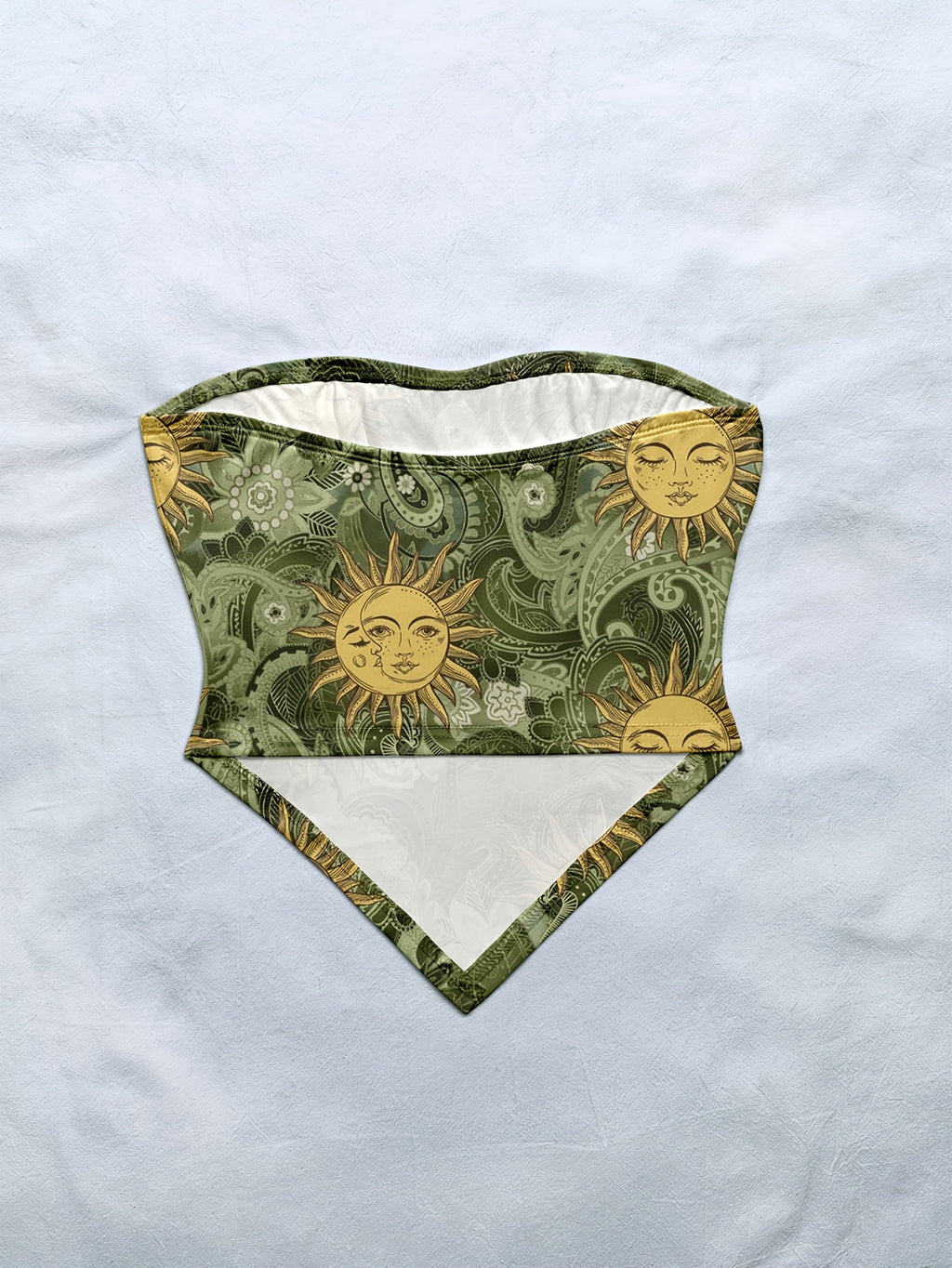 Women'S Spring/Summer New Brand Special Boho Beach Tropical Vacation Outfits | Retro Sun Pattern Print Slim Fit Bustier Crop Tops with Asymmetrical Bandeau Collar - Dark Green