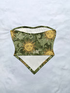 Women'S Spring/Summer New Brand Special Boho Beach Tropical Vacation Outfits | Retro Sun Pattern Print Slim Fit Bustier Crop Tops with Asymmetrical Bandeau Collar - Dark Green