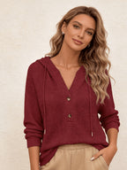 Women's Spring/Autumn Wine Red Waffle Hoodie with V-Neck, Half-Button Placket, Loose Fit for a Effect, Long Sleeves, Suitable for Street Photography and Vintage Outfits - Burgundy