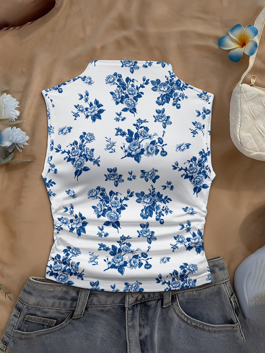 Women's Spring/Summer New Arrival Special Vintage Daily Casual Print Mock Neck Sleeveless Fitted Tank Top - Royal Blue