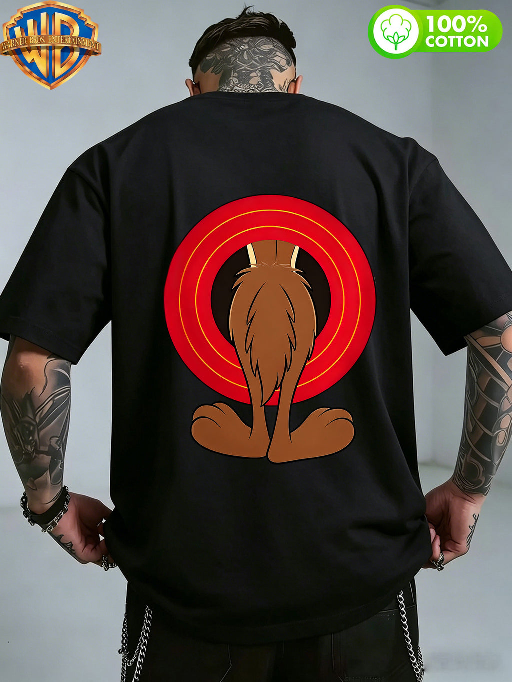 Authorized by Warner Bros., 1pc, American Retro Cartoon Contrast Sense Distorted Heart Wolf Trendy T-Shirt, Men'S 100% Casual Comfortable Versatile Loose Summer Short Sleeve T-Shirt, Double-Sided Print Front And Back, Suitable for Outdoor Wear, Gym - Black