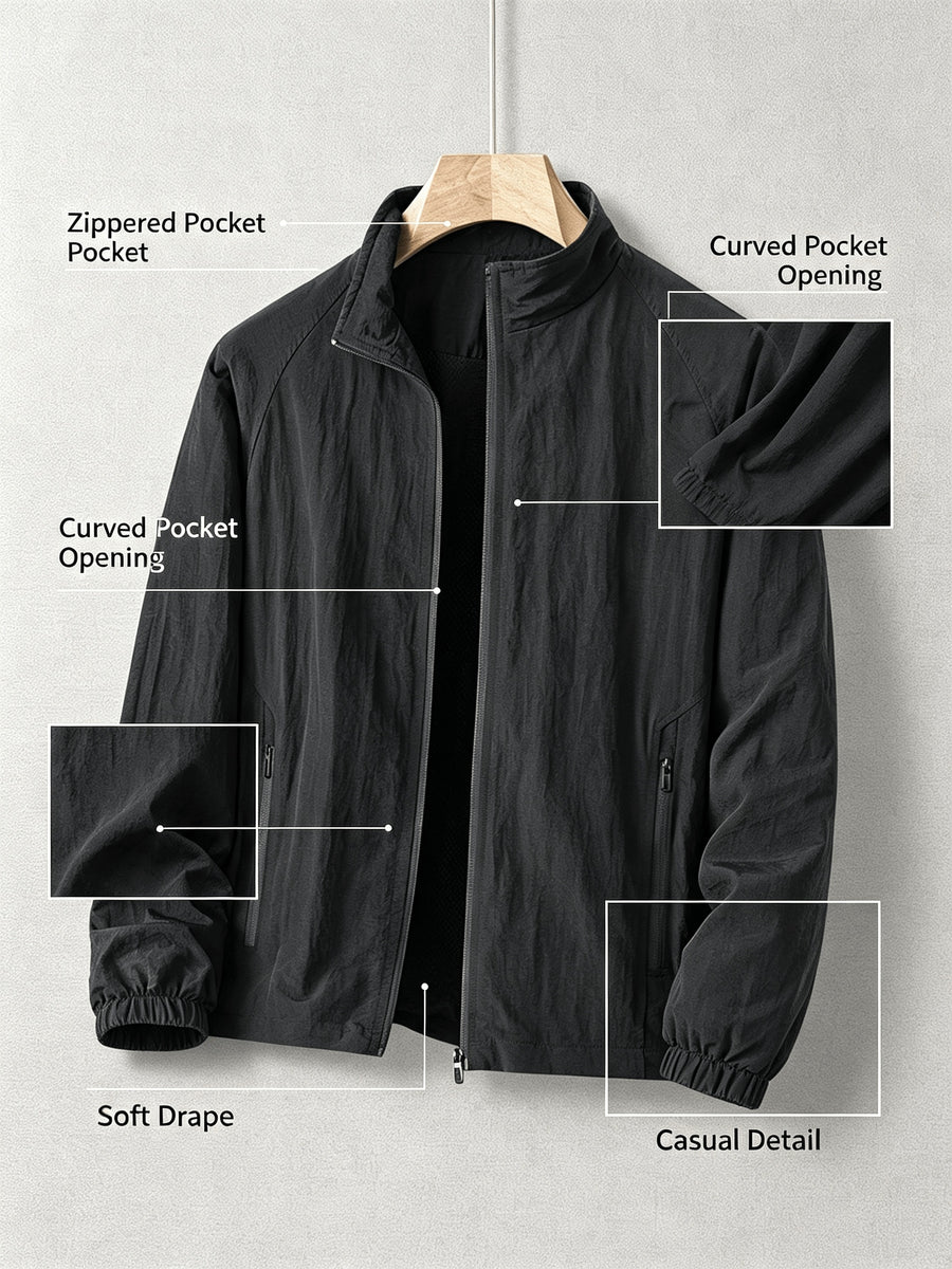 Men'S Lightweight Stand Collar Windbreaker Zip-Up Casual Jacket with Elastic Cuff, Outdoor Sports Coat - Black