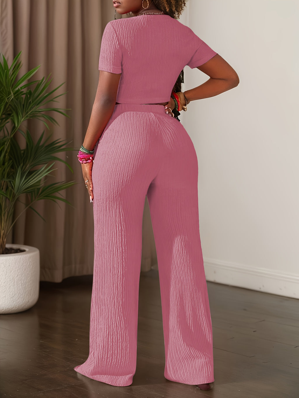 2025 New Solid Color Short Sleeve Top And Wide Leg Pants Casual Set - Peach