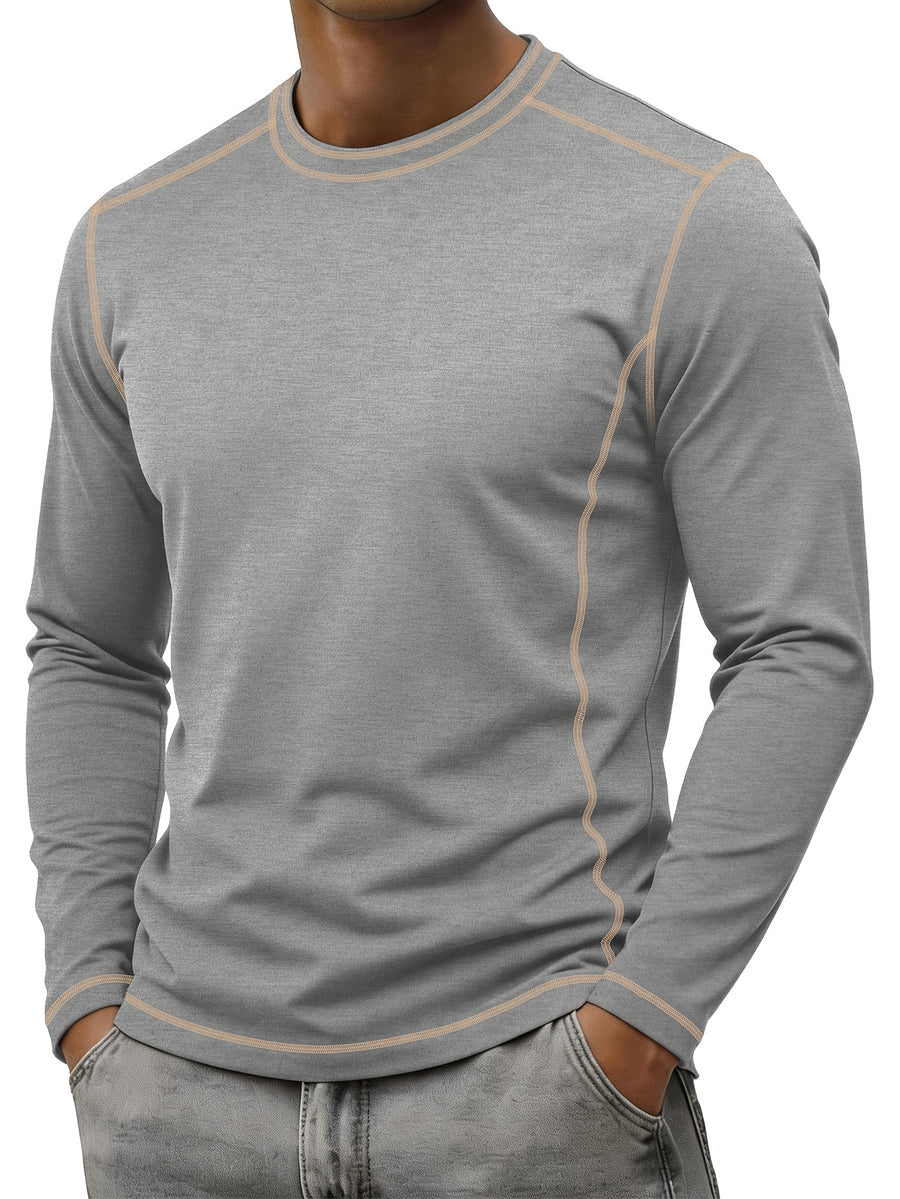 Men's Retro Patchwork T-Shirt - Solid Color Base with Contrast Patch Suitable for Fall/Winter, Round Neck Long Sleeve Casual Layering Top, Machine Washable Blending Shirt for Outdoor & Casual Attire (Regular Fit) - Light Grey