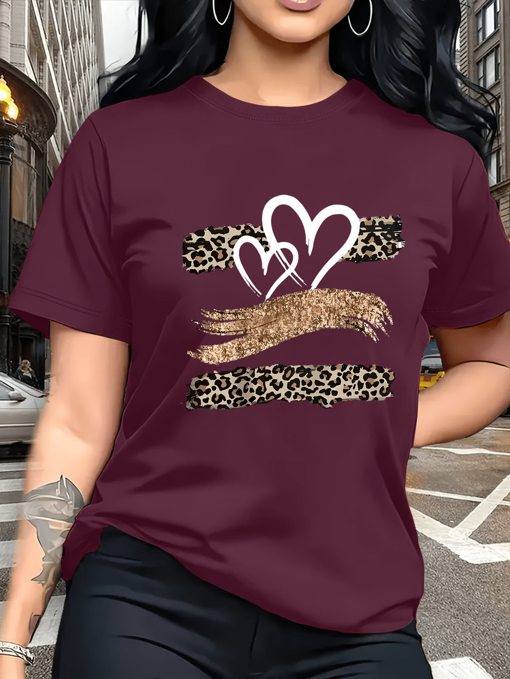 Leopard Print Heart Glitter-themed Pattern Print, Fashionable Breathable T-shirt, for Family Travel,, Casual S, Daily Commutes, Matching Outfits for Sisters, Versatile T-shirt 30057 - Fuchsia 1