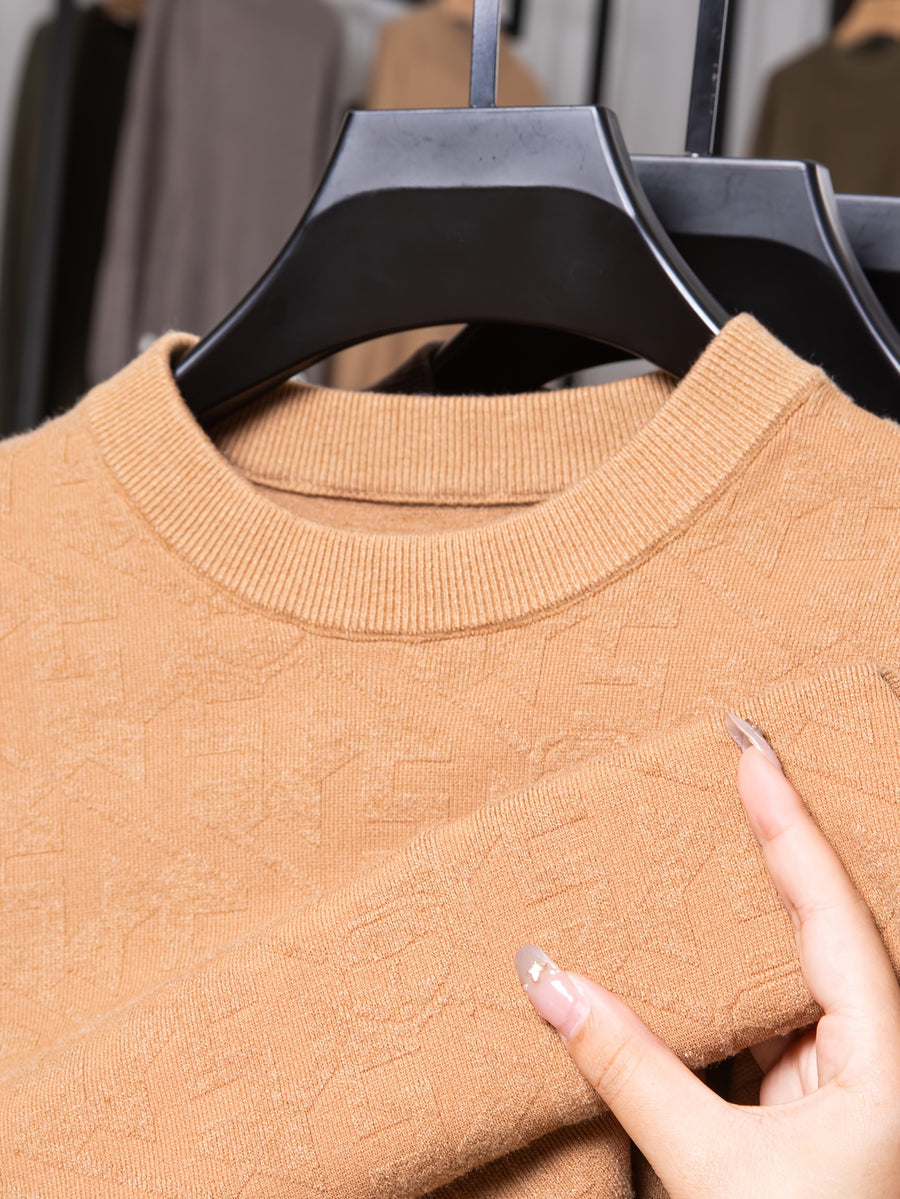 Men'S Round Neck Jacquard Sweater Spring Autumn Tight Thin Business Casual Knit Pullover Top - Yellow Camel