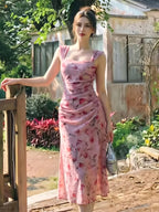 ASD1 2026 New Suspender Dress Women'S Summer Pleated Waist Temperament Mid-Length Dress, Mesh Dress, Gentle Style Fairy Dress. Retro Print Dress, Diverse Color Design, Gentle Vacation Style Long Skirt, French Romantic Style, Drape Mesh, Beach - Pink