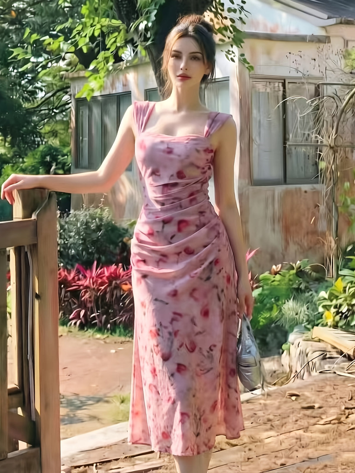 ASD1 2026 New Suspender Dress Women'S Summer Pleated Waist Temperament Mid-Length Dress, Mesh Dress, Gentle Style Fairy Dress. Retro Print Dress, Diverse Color Design, Gentle Vacation Style Long Skirt, French Romantic Style, Drape Mesh, Beach - Pink