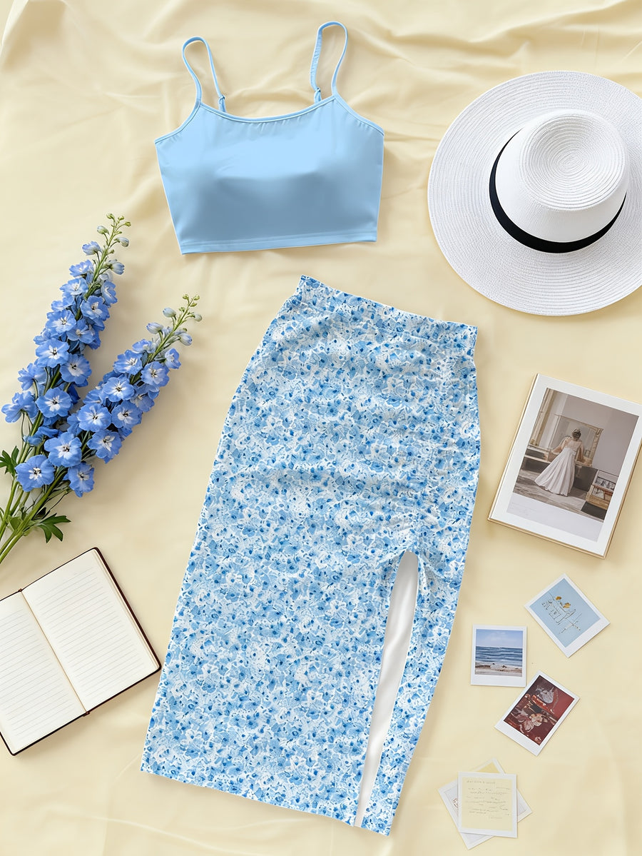 Women's Fashion Casual Floral Print Crop Camisole Top and Bodycon Skirt 2pcs Set - Light Blue