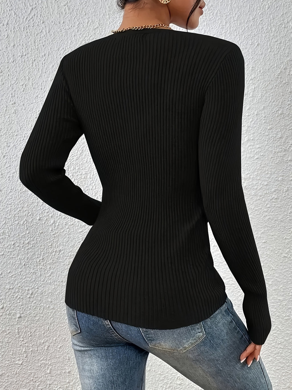 Front button solid ribbed sweater, elegant long-sleeve fitted cardigan, suitable for autumn and winter season, Women's clothing - Black