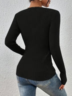 Front button solid ribbed sweater, elegant long-sleeve fitted cardigan, suitable for autumn and winter season, Women's clothing - Black