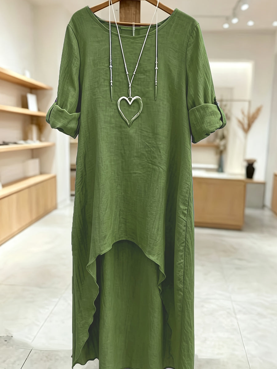 Women' Elegant Asymmetric Oversized Shirt - Loose Fit Long Sleeve Round Neck Blouse with Short Front & Extended Back Length, Layering Piece Suitable for Spring/Fall, Casual to Dressy Wear (No Stretch) - Olive Green