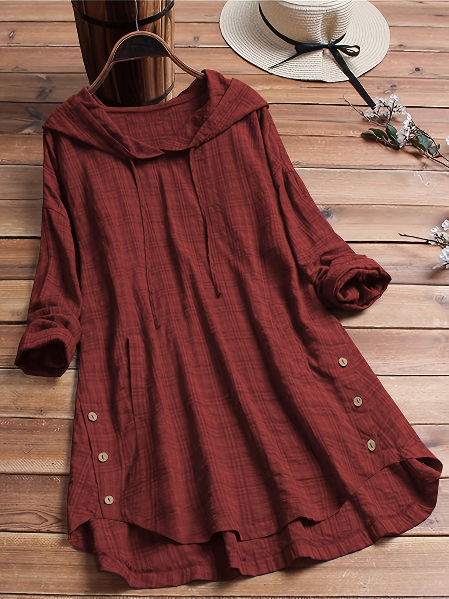 Casual Long-Sleeve Hooded Shirt, Asymmetrical Top, Stylish Plaid Blouse, Autumn Waist-Tied Outerwear for Women, Elegant Long-Sleeve Drawstring Shirt - Burgundy