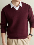Men's Solid Color V-Neck Sweater - Warm Winter Knit Pullover with V-Neck Collar, Basic Long Sleeve Knitwear Suitable for Fall and Winter, Casual Office Wear, Hand Washable Regular Fit Sweater for Layering - Dark Red