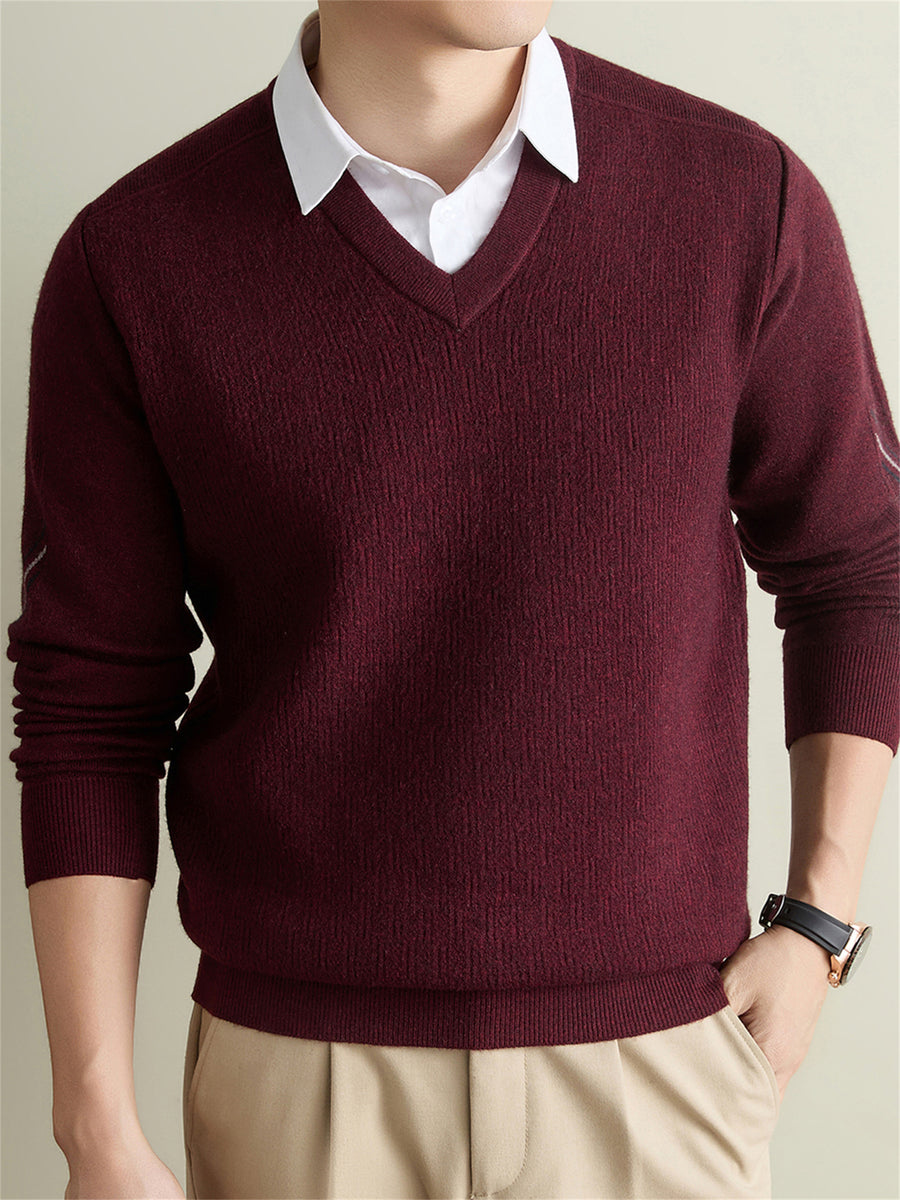 Men's Solid Color V-Neck Sweater - Warm Winter Knit Pullover with V-Neck Collar, Basic Long Sleeve Knitwear Suitable for Fall and Winter, Casual Office Wear, Hand Washable Regular Fit Sweater for Layering - Dark Red