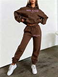 Autumn/Winter Trendy Fashion Women's Hooded Drawstring Sweatshirt and Sweatpants Set, MILANO ITALY, American Vintage Urban Style, American Vintage Style, Hooded Drawstring Design, Sweatshirt with Front Kangaroo Pocket, Comfortable Wear for Cold - Coffee Color
