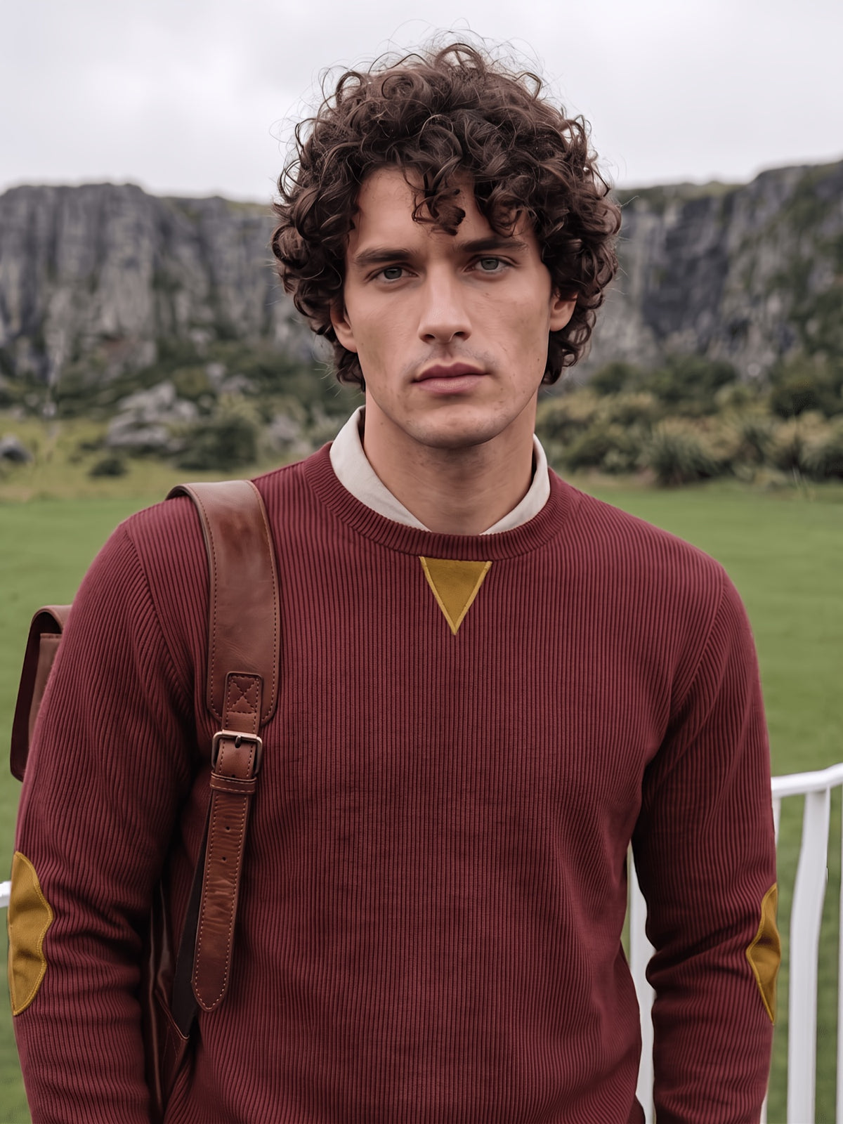 Men'S Corduroy Long-Sleeve Crew-Neck Pullover Leisure Work Outdoor Daily Wear Faux Collar Elbow Patches Design Loose Regular Fit Suitable for Spring, Autumn, And Winter Four Seasons Solid Color Minimalist Tone - Burgundy