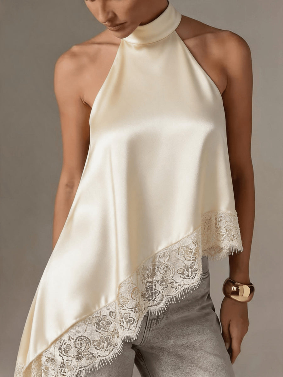 Directional Style Irregular Patchwork Lace Neckline Halter Elegant Temperament Top Halter Vest - Apricot