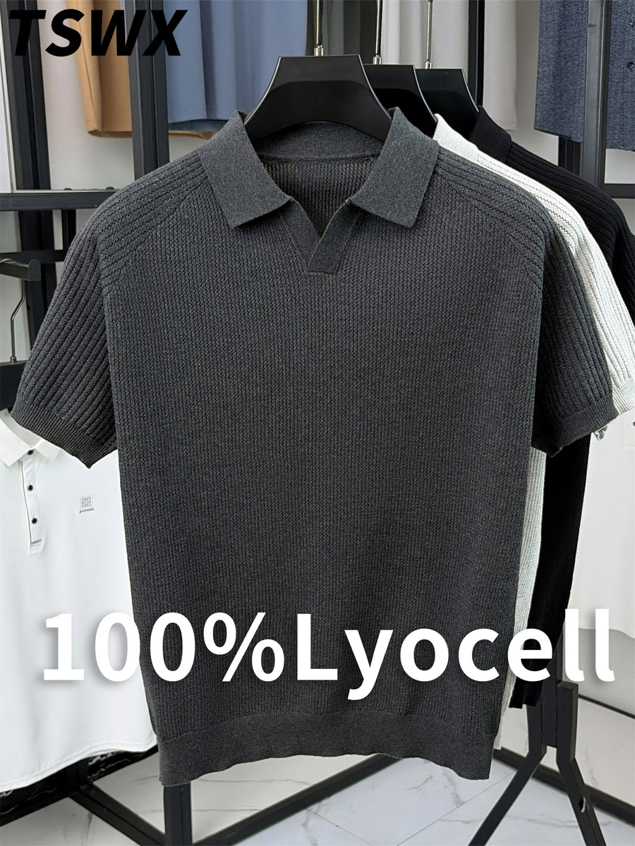 TSWX 100% Summer Knitted Solid Color Lapel Sweater, Basic POLO Knit Shirt, Men's Fashion Knit Short Sleeve Top, Men's Outerwear, Ideal - Grey