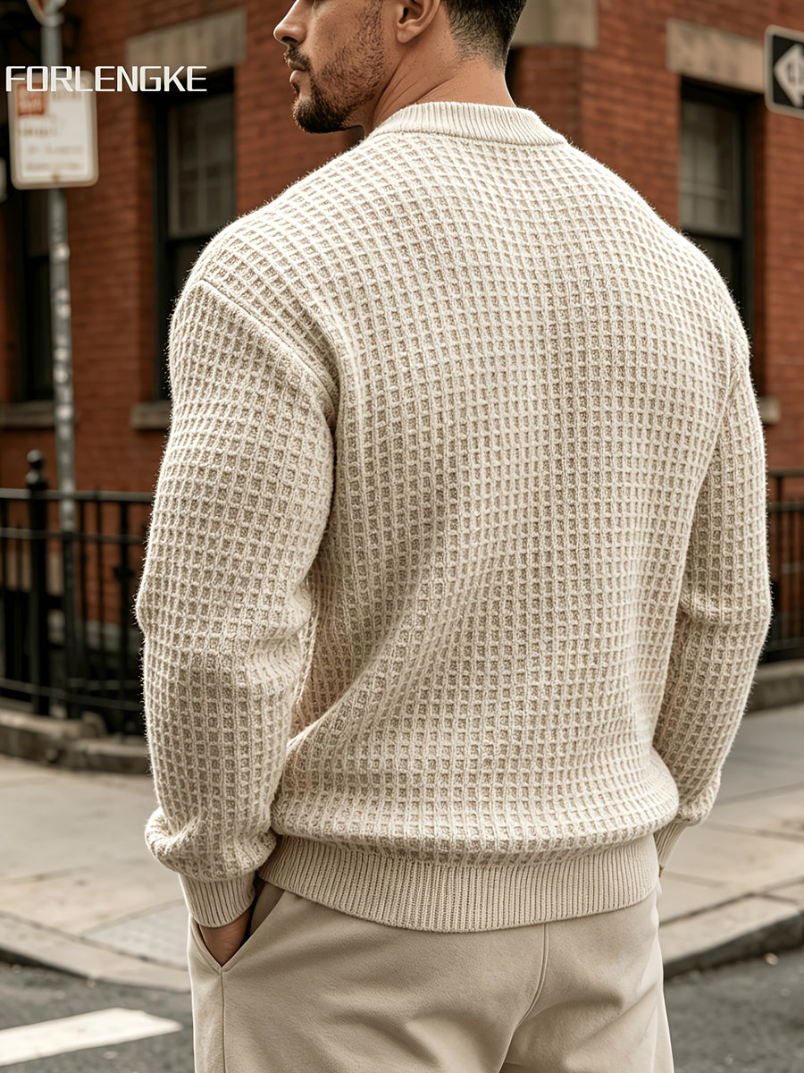 FORLENGKE Autumn/Winter New Arrival Men's Round Neck Waffle Knit Sweater, Three-Dimensional Checkered Weave Texture, Loose Fit Long Sleeve Pullover, Solid Color Basic Style for Daily Streetwear, Commuting, Simple and Versatile, Casual Inner or Outer - Apricot