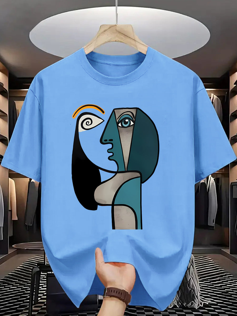 Men'S T-Shirt Abstract Picasso Art Print Casual Sport Daily Wear - Sky Blue