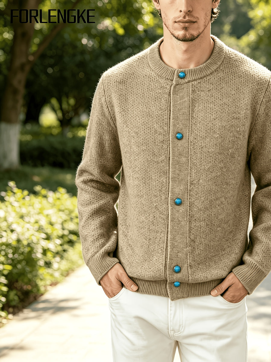 FORLENGKE Men'S Business Casual Crew Neck Button-Up Knit Cardigan, Soft Warm Textured Long Sleeve Sweater Coat for Autumn Winter Office Daily Wear - Khaki