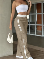 Women's Heavy-Duty Pants (Cargo Pants) with Piping Stripe & Large Cargo Pockets - Full-Length Heavy-Duty Pants for, Outdoor, Workwear - Beltless Design, All-Season Casual Wear (No  Compatible) - Attire - Khaki
