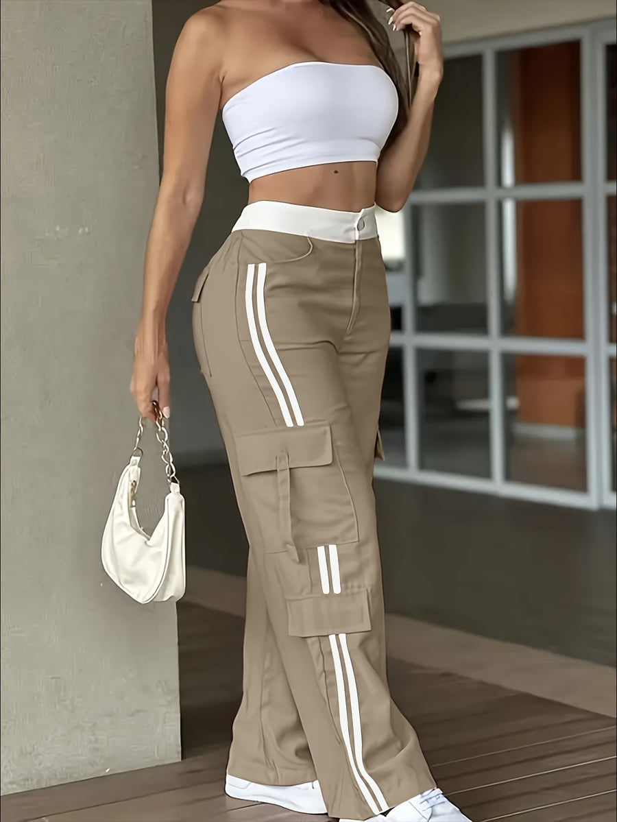 Women's Heavy-Duty Pants (Cargo Pants) with Piping Stripe & Large Cargo Pockets - Full-Length Heavy-Duty Pants for, Outdoor, Workwear - Beltless Design, All-Season Casual Wear (No  Compatible) - Attire - Khaki